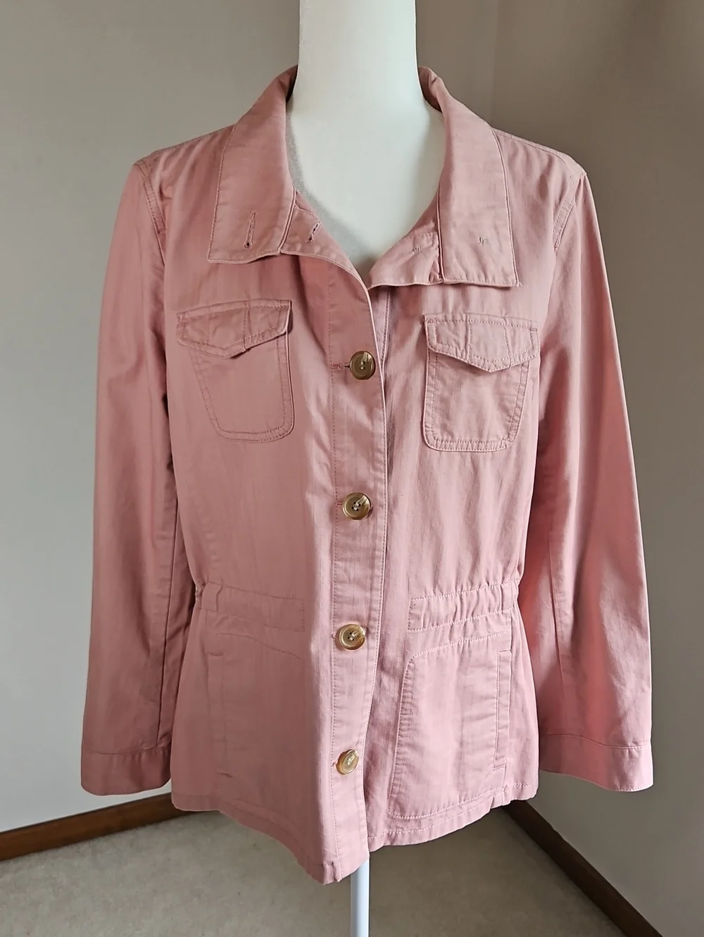 Talbots Safari Utility Jacket Adj Waist Cotton Twill Rose Pockets LG Layering